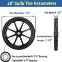 GICOOL 20" Flat Free Tire and Wheel, with 3/4" & 5/8" Bearing, 2.45" Centered Hub, Replacement Wheel For Rubbermaid Wheelbarrow, Garden Yard Cart, 2 Pcs, 20x2.0"d