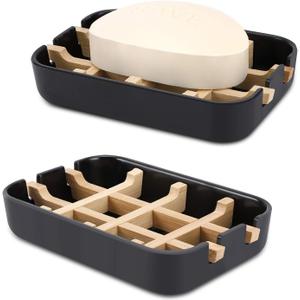 Bamboo Wooden Soap Dishes for Shower with Drainage for Bathroom Bar Soap Holder Soap Holder Sink Deck Bathtub Shower Tray (One Pieces Black)