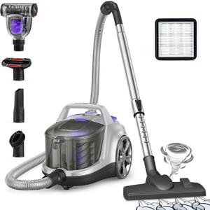 Aspiron Canister Vacuum Cleaner, 40Kpa Bagless Vacuum Cleaners, 4QT Large Dust Cup, Double HEPA Filter, Retractable Cord, 1600W Lightweight Vacuum Cleaner with 5 Tools for Hard Floors, Silver