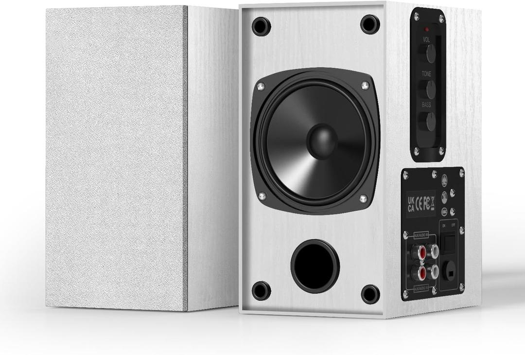 30W X 2 Powered Bookshelf Speakers - 3.5-RCA Input for Turntable, TV, PC, Record Player Speakers with 4 Inch Woofer & Wall Mounted, White