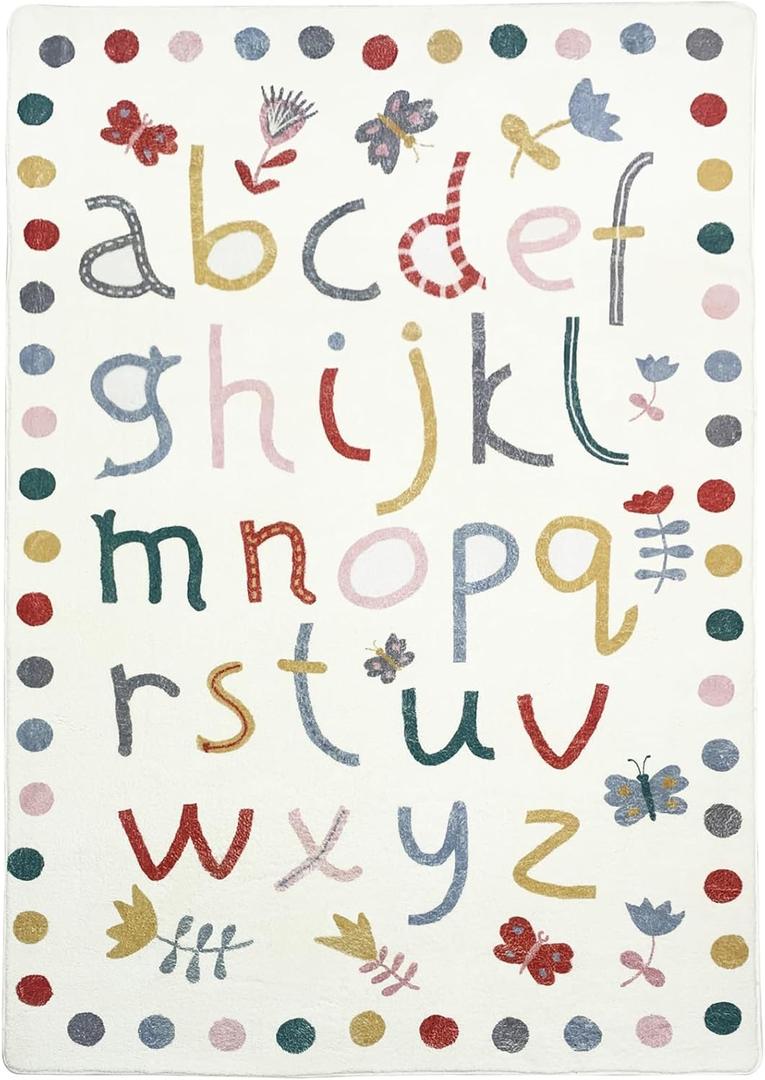 USTIDE 4x6 Large Kids Rug, Non Slip Educational Alphabet Rug, Baby Play Mat, Thick Non Slip Faux Wool Learning Carpet for Baby Children Bedroom Classroom Playroom Nursery Rug (120x180cm) (5'11" x 3'11" (Square), Cream)
