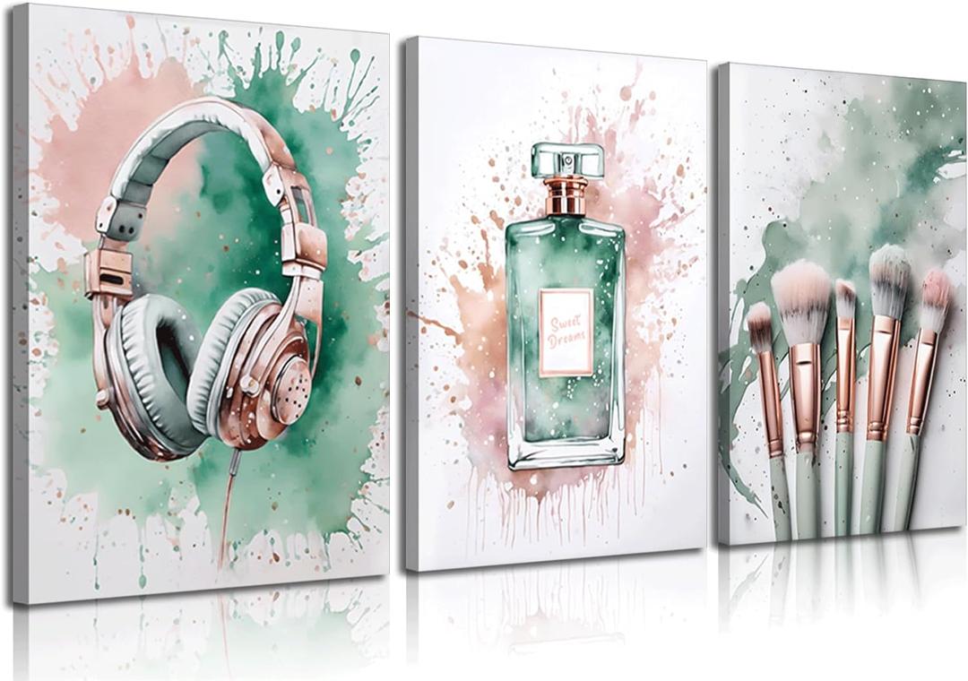 3 Pcs Framed Tween Teen Girls Bedroom Wall Art Picture Sage Green Rose Gold and Silver Prints Music Lover Teenager Girl Poster Perfume Makeup Brushes and Headset Wall Decor for Mature Girl 16L x 12W