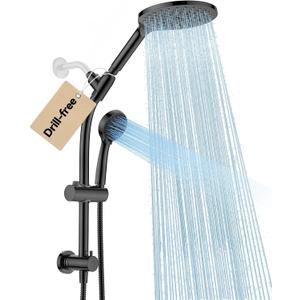 MakeFit Drill-free Dual Shower Head with Handheld Combo Rainfall Shower Head Easy Reach 3-way Diverter Stainless Steel Slide Bar with Height Adjustable Holder Adjustable Rain Showerhead (Black)