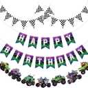 Pasimy 4 Pcs Monster Truck Birthday Banner Cars Truck Garland Black and White Checkered Flags Pennants Green Purple Happy Birthday Bunting Racing Car Theme Party Decorations Supplies