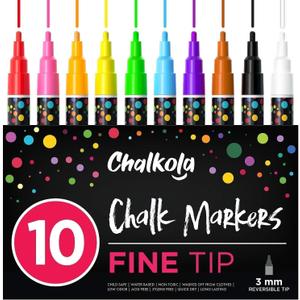 Chalkola 10 Fine Tip Liquid Chalk Markers for Blackboard, Chalkboard Signs, Window, Labels, Bistro, Glass, Car (10 Pack 3mm) - Wet Wipe Erasable Ink Chalkboard Markers, 3mm Reversible Tip Chalk Pens