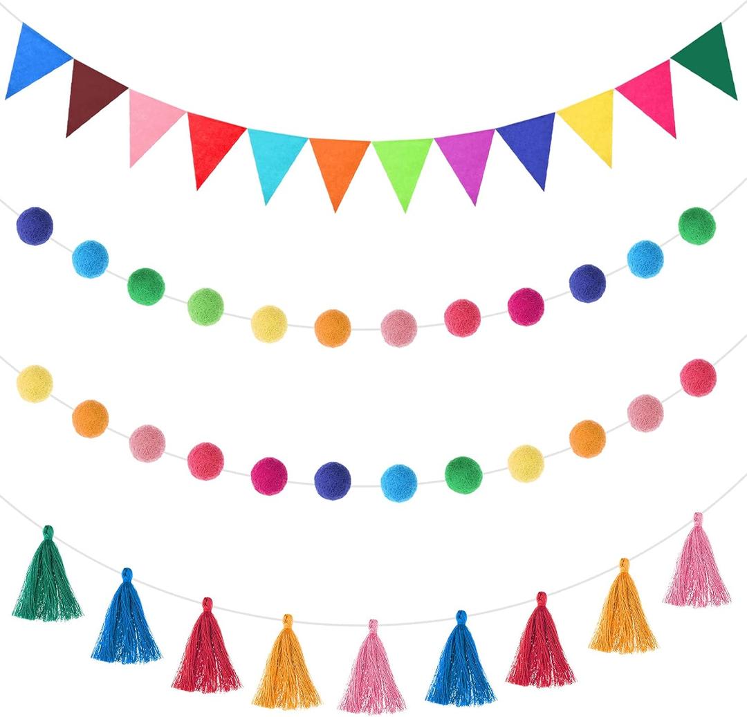 Irenare 9.8 ft Pom Pom Garland Felt Rainbow Garland 2026 Graduation Party Decoration Colorful Pennant Tassel Banner Back to School Birthday Triangle Banner for Classroom School Mantel(Multicolor)