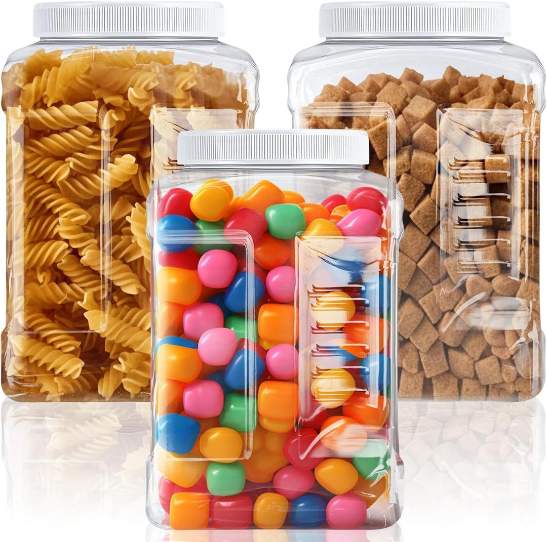 3 Pcs 1 Gallon Clear Plastic Jar with Lid Wide Mouth Square Screw Top Food Storage Containers, PET Plastic Empty Grip Jar Canisters for Candy Cookies Kitchen Food Safe(White Lid)
