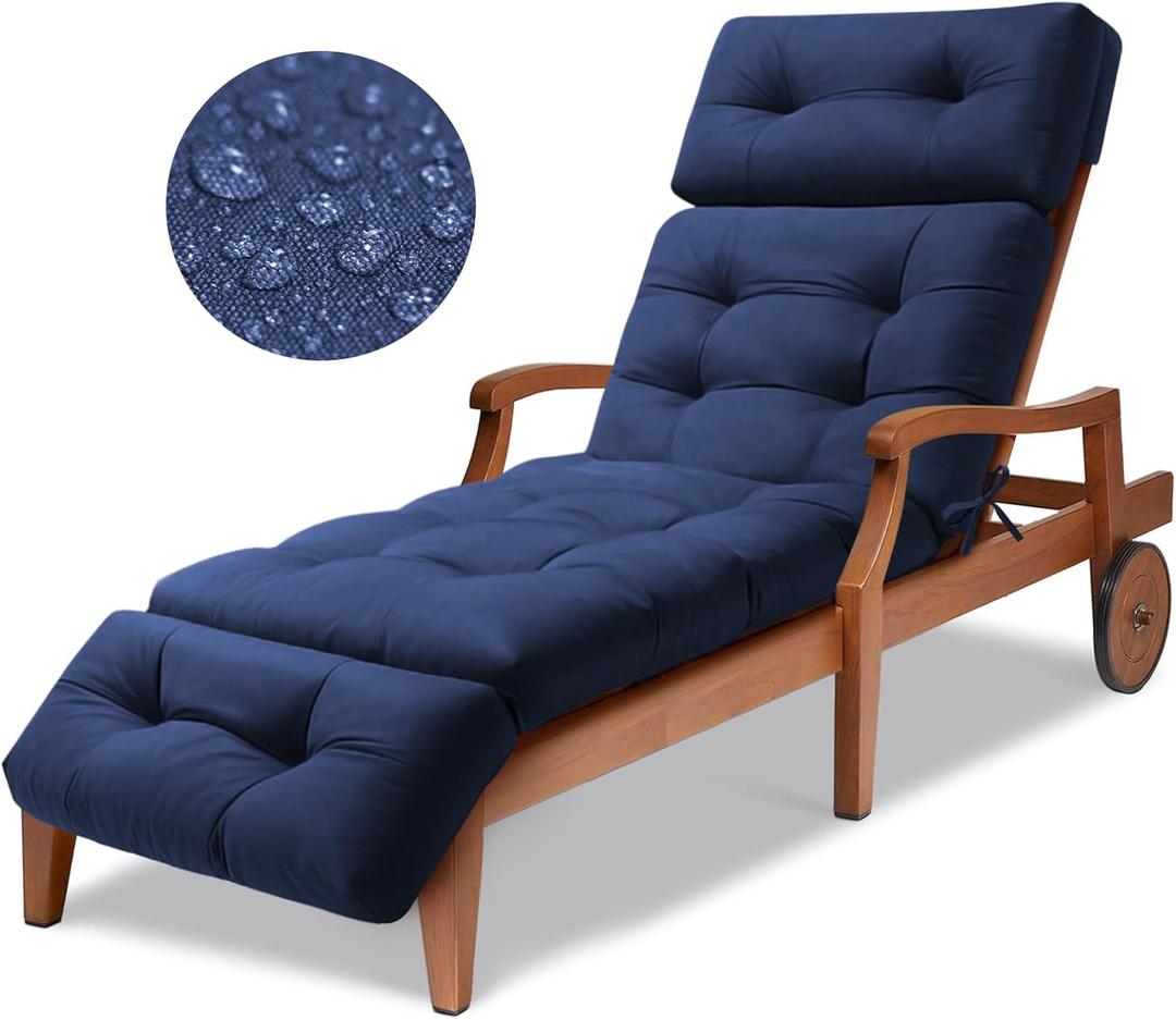 Waterproof Long Lounger Chair Cushion Outdoor Chaise Lounge Chair Cushions with Ties, Patio Recliner Thickened Lounge Chair Cushions for Indoor 74.4 x 22 x 4.7 Inches, Cushion Only (Blue)