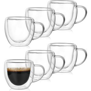 Double Walled Espresso Cups set of 6, 2.7oz Clear Glass Coffee Mugs, Double-layer Insulated Coffee Cups, Suitable for Espresso, Americano, Tea Bags, Beverage