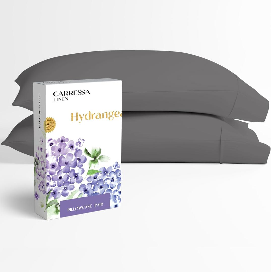 Carressa Linen 100% Egyptian Cotton King Size Pillow Cases Set of 2 - Luxury 600 Series Hydrangeas Collection King Pillowcases (Dark Grey), Soft Cooling, Sateen Weave Hotel Quality Bed Pillow Cover (03: Graphite Gray)