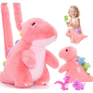 OUOZZZ Pink Dinosaurs Stuffed Animals with 4 Babies Inside - Girl Dinosaur Plush Toys for Kids 3-5 Birthday Gift Toddler with Shoulder Strap