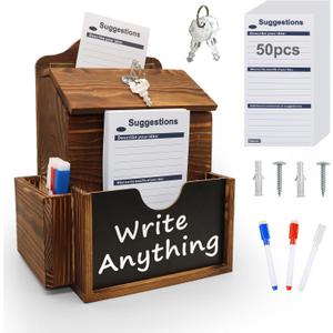 SAMYUCHO Suggestion Box with 50 Suggestion Cards Wood Donation Box with Slot and Lock Prayer Boxes for Fundraising Tip Drop Ballot Boxes Wall Mounted with Chalkboard and Keys for Church Office