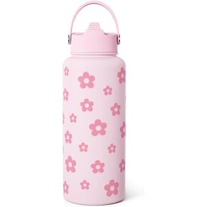 Floral Water Bottle Stainless Steel 32oz with Lid & Straw, Daisy Insulated Bottles Gifts for Women Girls Friends Teens Birthday Christmas