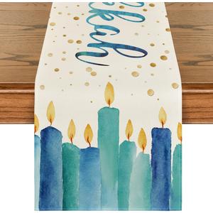 Artoid Mode Watercolor Candle Happy Hanukkah Table Runner, Menorah Chanukah Holiday Kitchen Dining Table Decoration for Indoor Outdoor Home Party Decor 13 x 90 Inch (Blue)
