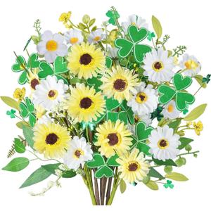 8Pcs St Patricks Day Artificial Flowers, Artificial Shamrock Daisy Picks Fake Gerbera Clover Flower Floral Branches for St. Patrick's Day Cemetery Home Party Table Centerpiece Irish Decor