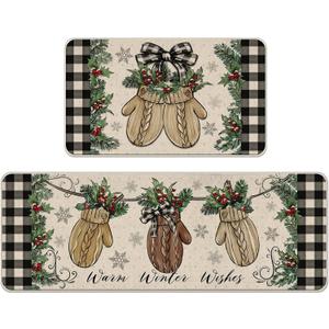 Tailus Warm Winter Wishes Mitten Kitchen Rugs Set of 2, Buffalo Plaid Check Bow Red Berry Farmhouse Kitchen Mats Decor, Christmas Holiday Floor Door Mat Home Decorations -17x29 and 17x47 Inch