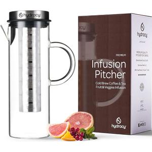 Cold Brew Coffee Maker - Large Glass Infusion Pitcher 1.6 Quarts 52oz - Iced Coffee & Iced Tea Pitcher with Stainless Steel Lid & Fruit Infusion Tube - Perfect for Home or Office