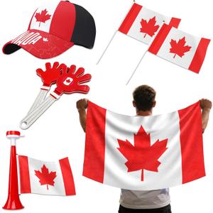 3 x 7Pcs Soccer Fan Set, Canada Patriotic-theme Supplies with Flags, Clappers, Shawl, Cap and Horn for Football Game, Patriotic Party & Costume Party