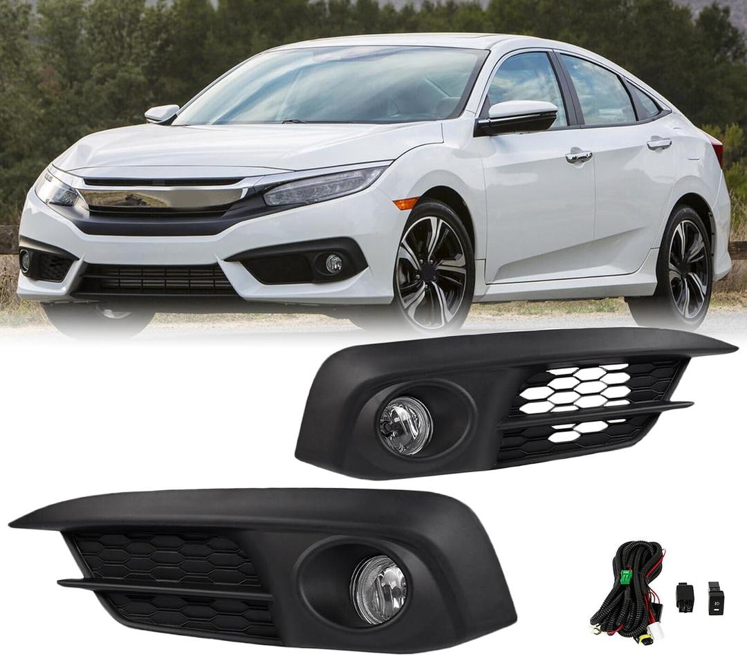 Fog Lights Assembly Compatible for 2016 2017 2018 Honda Civic Front Bumper Fog Light Driving Lamps w/Switch/Bulb Clear Lens