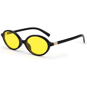 SCVGVER Retro Oval Sunglasses for Women Men, 90s Vintage Small Cat Eye Sun Glasses Y2k Trendy Narrow Shades, UV Protection (Black Frame/Yellow Lens)