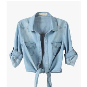 Omoone Women's 3/4 Sleeve Denim Crop Top Tie Knot Shirt Cardigan, M