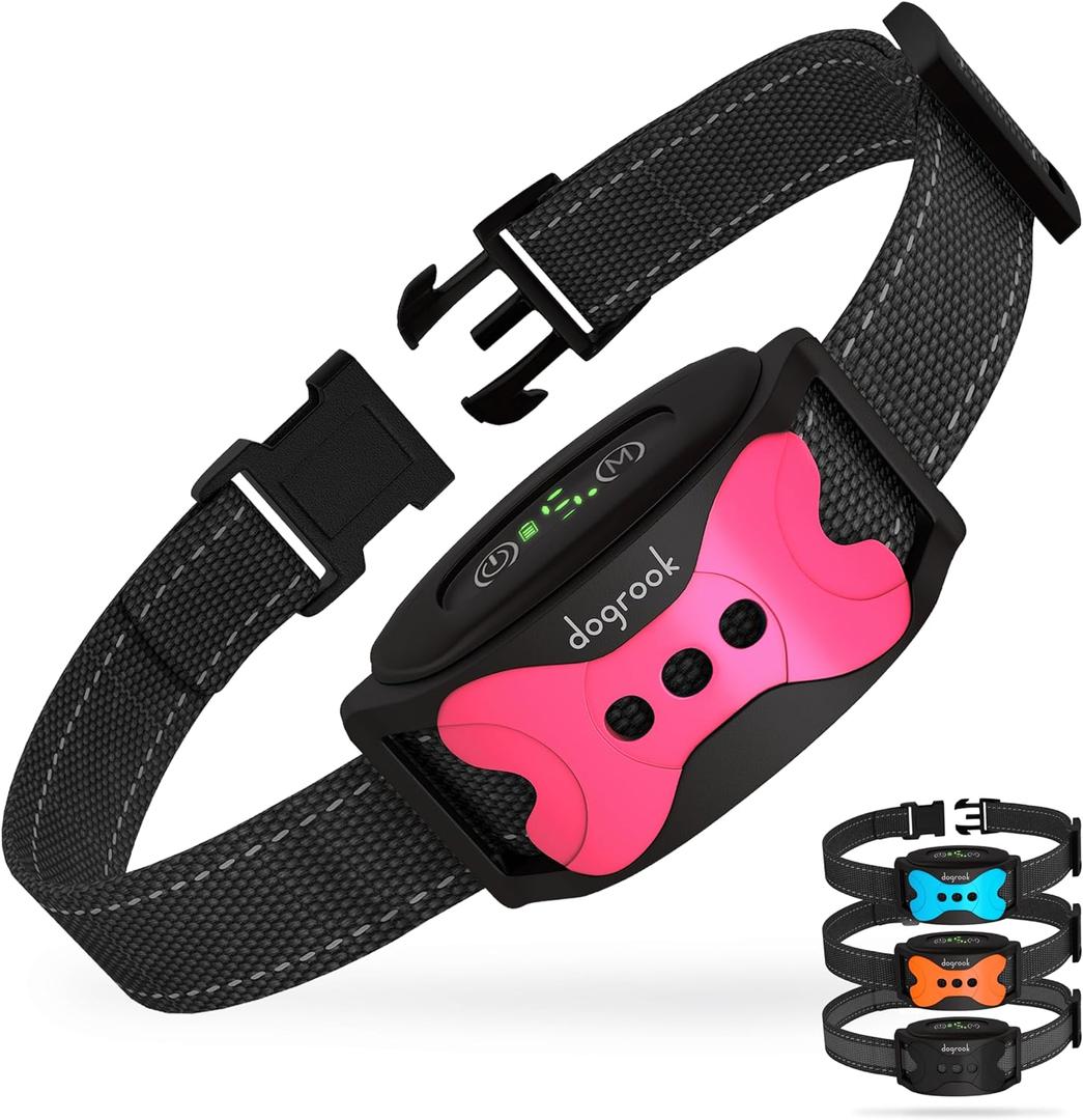DogRook Rechargeable Dog Bark Collar - No Shock Dog Training Smart Collar - Beep & Vibration Stop Barking Dog Devices - No Bark Collar - Martingale Collars for Large Dog, Medium & Small - 12-110 lbs (Pink)