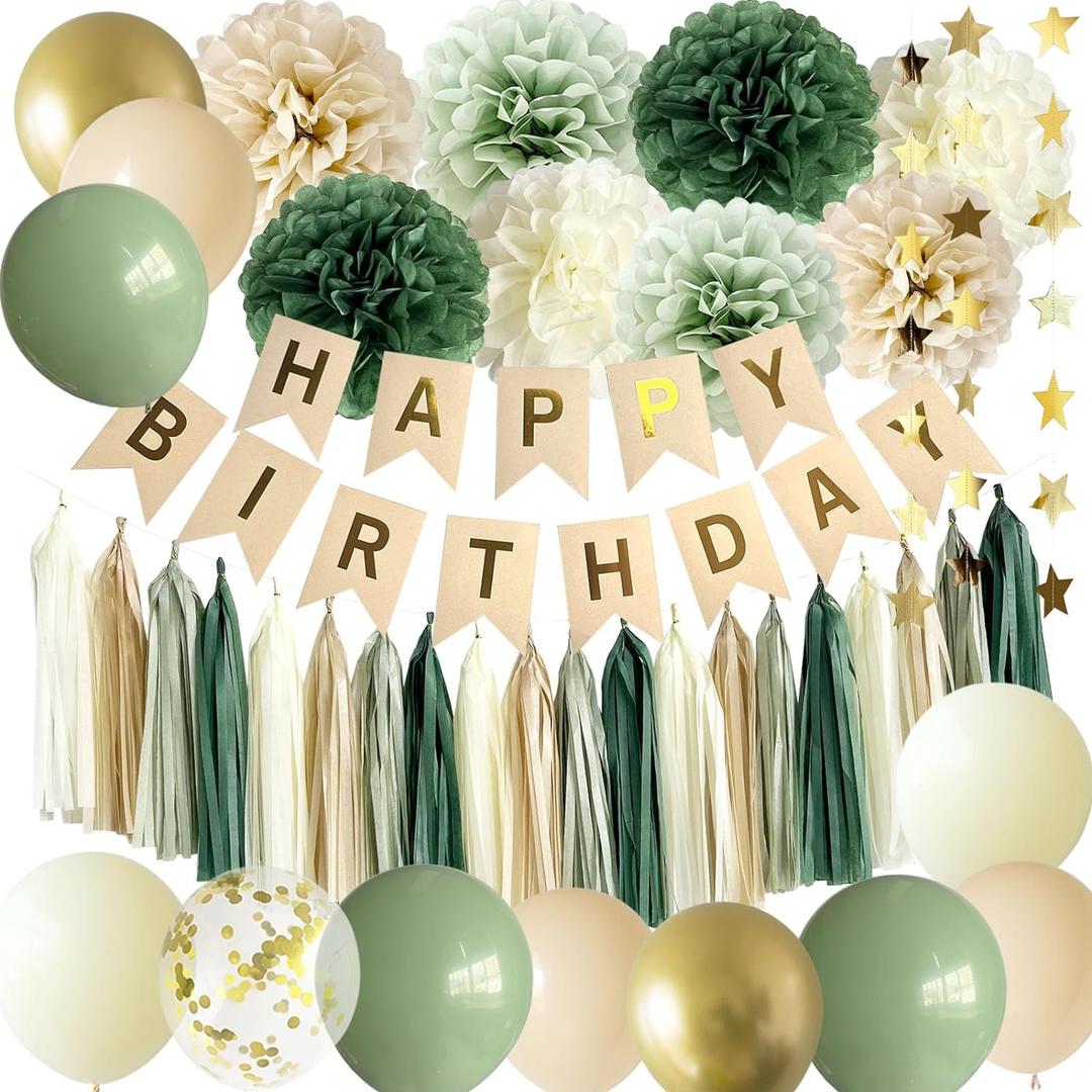 ANSOMO Sage Green Happy Birthday Party Decorations Retro Green Nude Ivory Dark Olive Kraft Paper Banner Balloons Neutral Rustic Boho Blush Safari Botanical Greenery Wild Dcor Supplies Women Adults