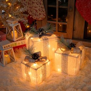 Set of 3 Christmas Lighted Gift Boxes with 60 LED Lights, Plug-in Holiday Decorations for Xmas Tree, Home, Indoor Outdoor Dcor(Silver)