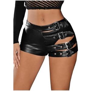 OYOANGLE Women's Buckled Cut Out Leather Mini Shorts Y2k Low Rise Booty Hot Shorts M