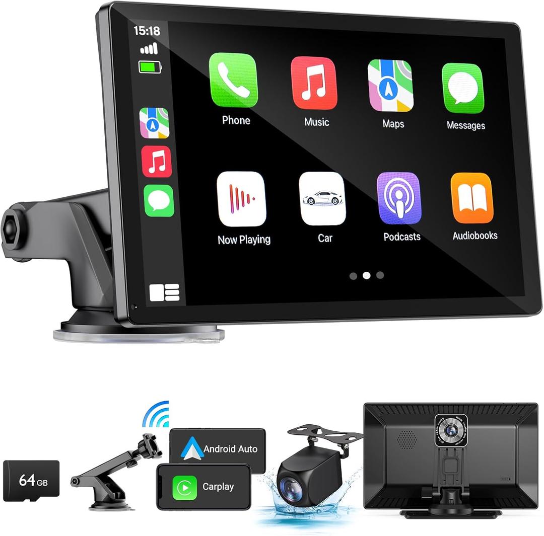 Wireless Apple Carplay Screen for Car 4K Dash Cam, 9" Portable Apple Carplay & Android Auto Car Stereo, with 1080p Backup Camera, GPS Navigation/Mirror Link/Voice Control/Bluetooth (Black)