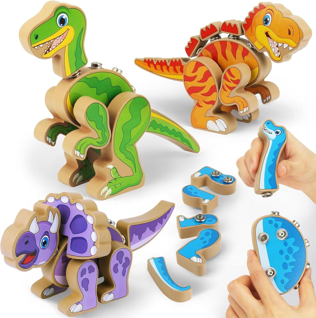 Coogam Build Your Own Dinosaurs Toy, Snap Together Building Dinosaurs Playset, Wooden STEM Take Apart Dinosaur Builder, Montessoi Fine Motor Building Toy Gift for 3 4 5 Years Old Kids, Small