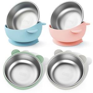 Bakpoco Stainless Steel Baby Bowls with Suction, 2-in-1 SUS304 Toddlers Bowl & Removable Silicone Suction Kids Bowl, Non Toxic Snack Container for Baby Food Feeding, Soft Blue/Sage/Pink/Gray Set of 4