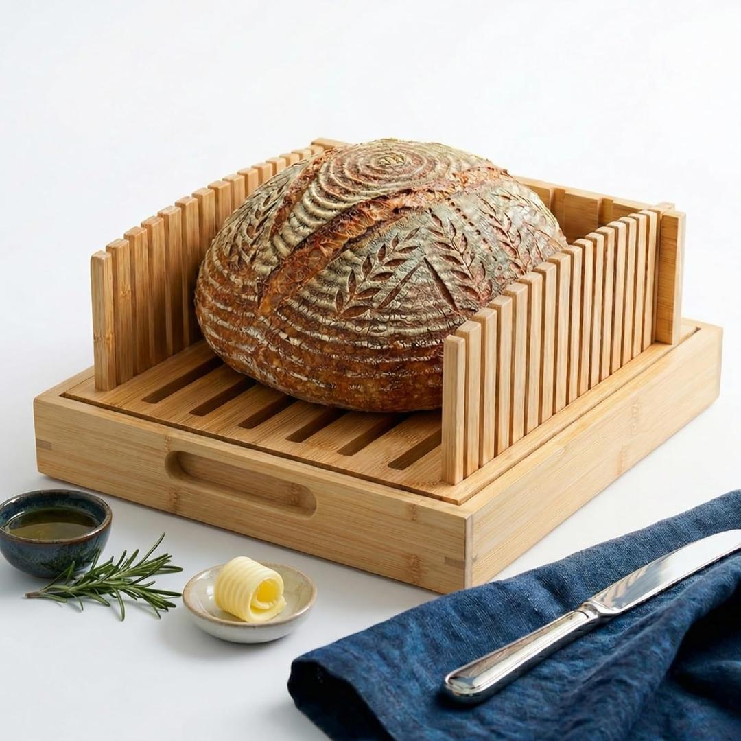 10.5" Extra Sourdough Bread Slicer Guide - Premium Bamboo Bread Cutter with Crumb Tray & Serving Board - Artisan Bread Slicing Guide for Homemade Boules, Sourdough Tools & Gifts