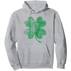 Vintage Faded Retro Four Leaf Clover St Patricks Day Pullover Hoodie, (Medium, Heather Grey)