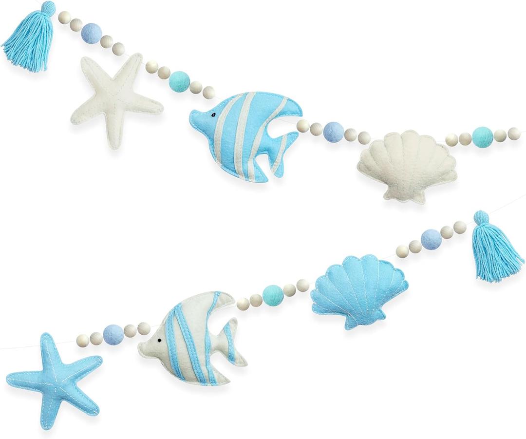 Under The Sea Decorations Pre-Strung Handmade Felt Blue Beige Ocean Fish Starfish Shell Banner Blue Aqua Wool Felt Ball Wooden Beads Tassel Garland for Ocean Beach Shell Mantle Fireplace Home Decor, 4.25.3 inches , 5.25.5 inches