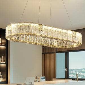 33.4'' LED Gold Chandelier, Modern Crystal Chandelier, Rectangular Dining Room Light Fixture for Kitchen Island Living Room