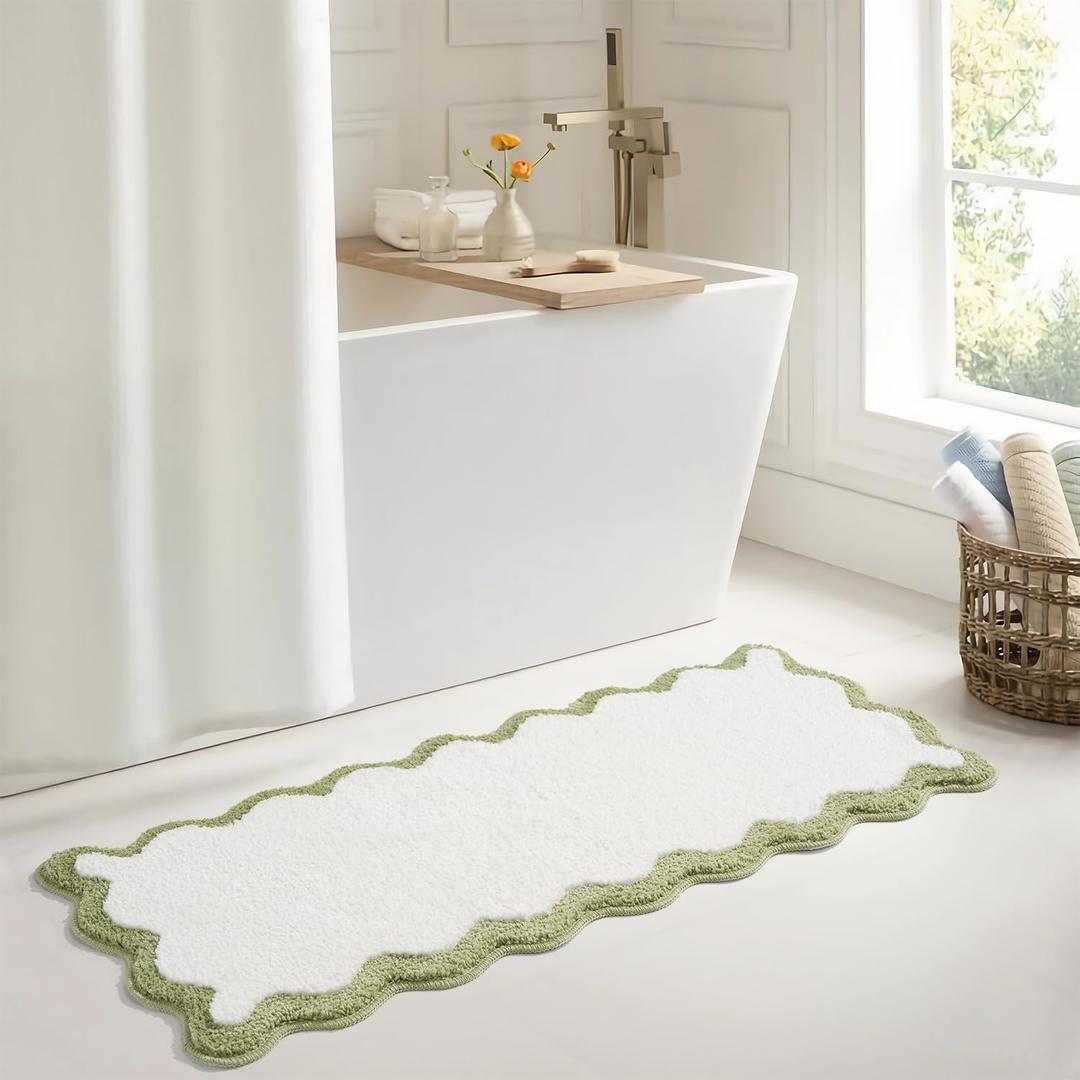 Luxury Cute Bathroom Runner Rugs, White Bath Mat W/Green Scalloped Edge, Microfiber Aesthetic Trendy Funky Fun Preppy Rug, Extra Soft Bathroom Mat Non-Slip for Tub, Shower, 47'' x 20'' (1'8" x 3'11" (Rectangular))