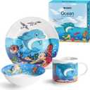 MIAMIO Set of 3 Kids Dinnerware Set/Porcelain Children Dishes, Kids Dish Set, Childrens Tableware Set - Includes Plate, Bowl and Cup For Kids and Toddler (Ocean)