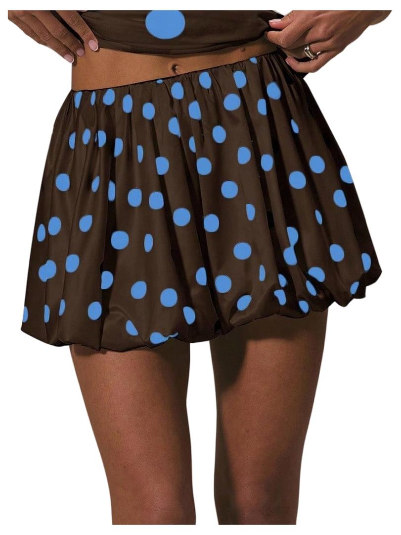 WDIRARA Women's Polka Dots Bubble Skirt Elastic Waist Ruffle Hem A Line Mini Skirts Brown Blue X-Small