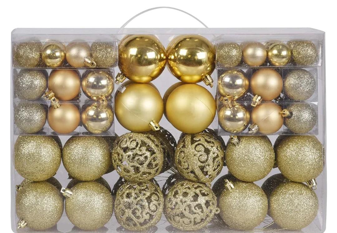 Christmas Balls Tree Ornaments Set, Shatterproof Xmas Decorations Set with Reusable Hand-held Gift Package for Holiday Indoor Tree Decor (100, Gold)