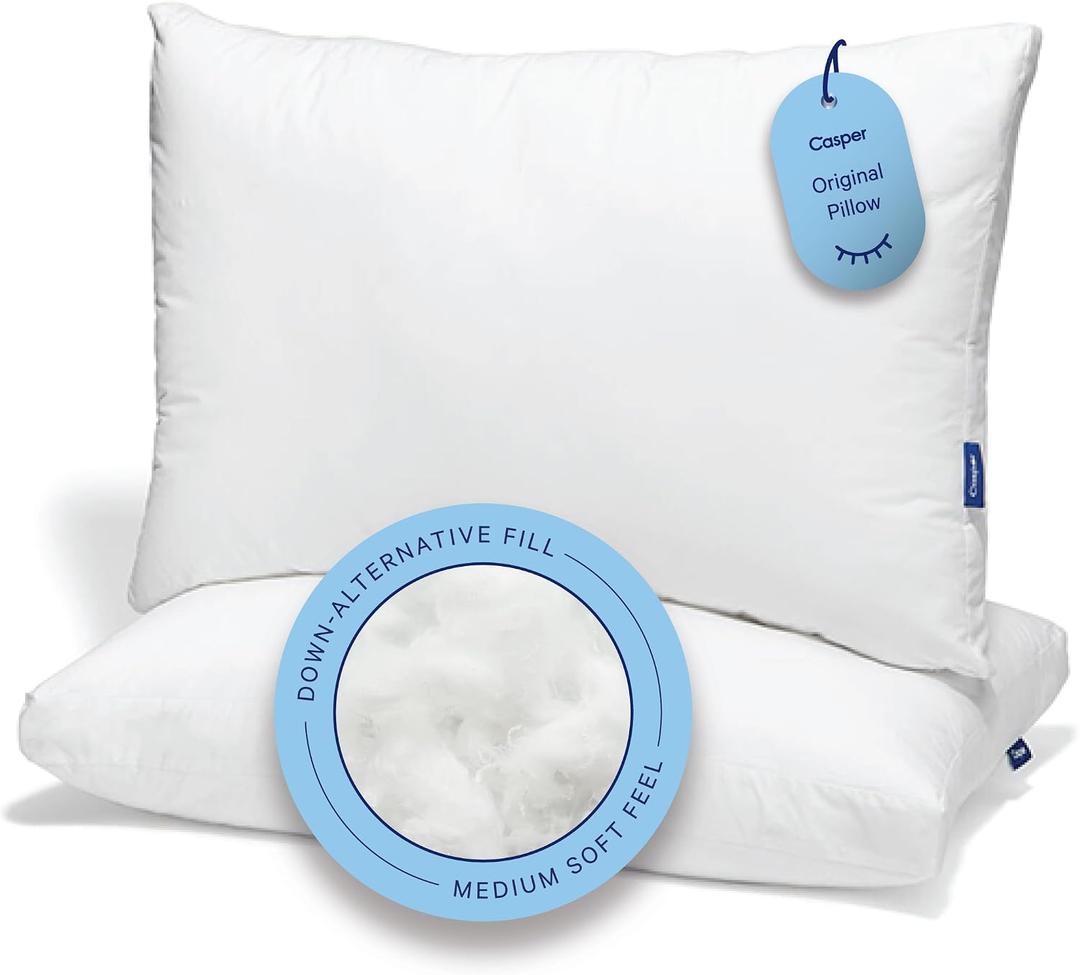 Casper Sleep Original Pillow 2-Pack, Standard Size Medium Soft Feel, Down-Alternative Fill, Supports Side, Back & Stomach Sleepers, Neck Pain Relief, Machine Washable