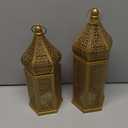 Set of 2 Ramadan Lanterns Eid Decorations 16" 14" LED Large Candle Lantern Vintage Gold Metal Moroccan Lanterns with Lights Ramadan Decor for Table, Wall, Patio, Porch, Indoor Outdoor Home