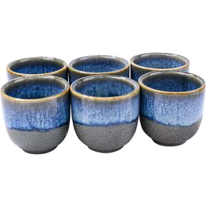 Japanese Saki Set Ceramic Sake Cups Blue and Gray Glaze Set of 6