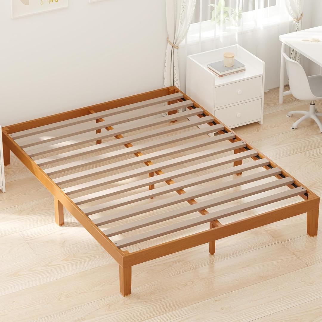 OLIXIS Heavy Duty Platform Bedframe, 700 LBS Capacity, No Box Spring Needed, Easy Assembly, Wooden Slats, Underbed Storage, Bed Frame, Honey Finish, 12 in Full Size