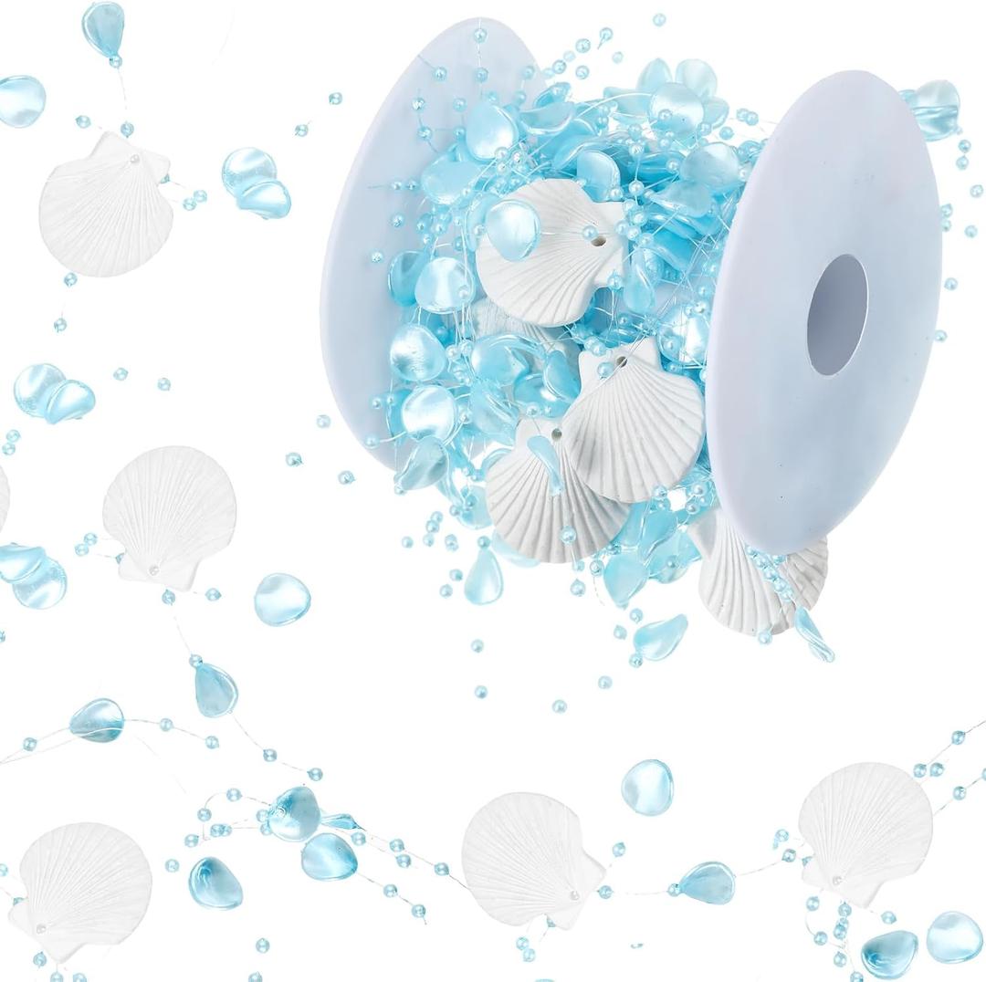 Yinder 16.4 ft Christmas Ocean Themed Garland Ocean Beach Coastal Beaded Shell Garland Decor for Mantle Fireplace Home Decoration Xmas Tree Supply, White, Blue