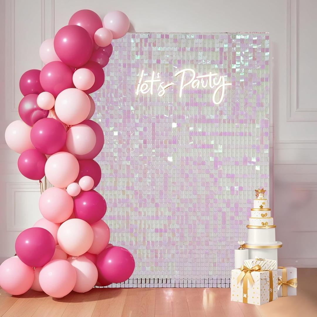 24 Pcs Pink Iridescent Shimmer Wall Backdrop Panels for Party Decoration - 6 x 4 FT Square Sequin Backdrop for Graduation Girls Women Birthday Home Decor