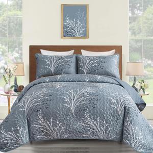 DJY Quilt Set King Size Blue Branch Floral Quilt Bedding Set, 3 Pieces Tree Botanical Bedspread Lightweight Microfiber Summer Coverlet Bedding Set for All Season 110''x90