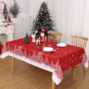 ROYGROW Christmas Tablecloth Rectangle 60x84 Inch with Xmas Tree Decorations, Red Xmas Snowflake Table Cloth, Washable Indoor Decorative Table Cover for Festive Party Picnic Dinner
