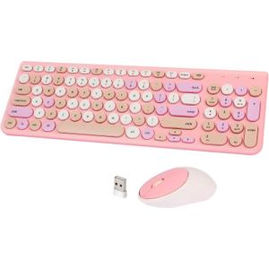 Wireless Keyboard and Mouse Combo, Retro Typewriter Keyboard with Round Keycaps, 2.4GHz USB Cute Wireless Keyboard Mouse for Computer, Desktop, Laptop and Computer (Pink-Colorful)