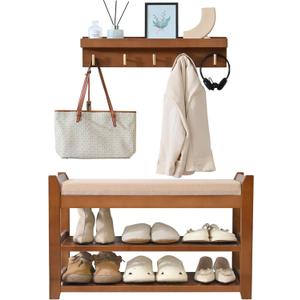 PETKABOO Shoe Rack for Front Door Entrance, 28 Entryway Bench with Coat Rack, Hall Tree Shoe Bench with Storage for Entry, Hallway, Bedroom, Living Room (Brown)